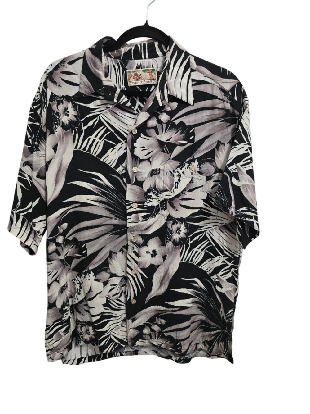 Tori Richard Mens Hawaiian Shirt Black  Gray Floral Tropical Short Sleeve M READ